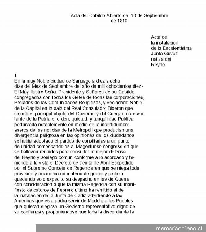 El acta del cabildo abierto del 18 de septiembre de 1810