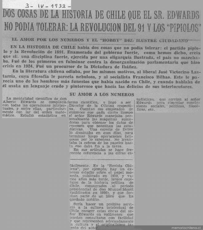 Dos cosas de la historia de Chile que Alberto Edwards no podía tolerar : la revolución del 91 y los pipiolos