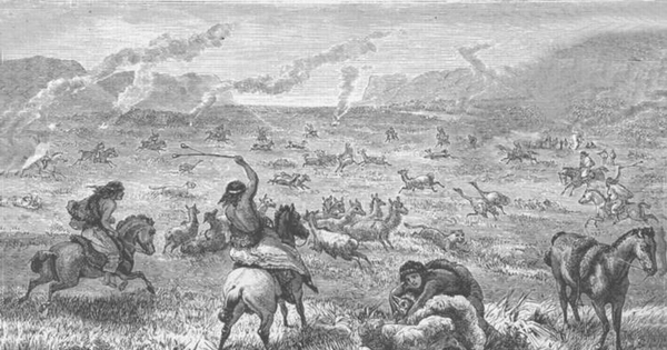 Caza de guanacos y ñandúes, hacia 1870