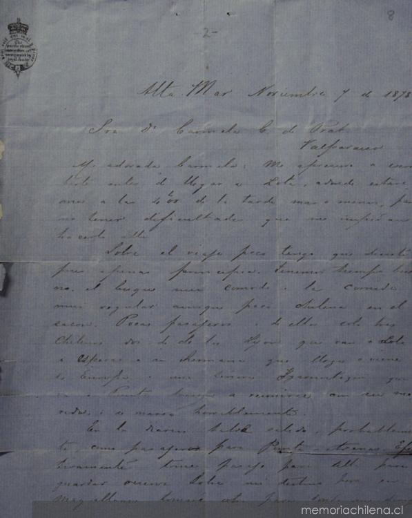 Alta Mar, 7 de noviembre de 1878 : carta de Arturo Prat a Carmela Carvajal