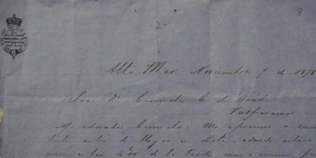 Alta Mar, 7 de noviembre de 1878 : carta de Arturo Prat a Carmela Carvajal