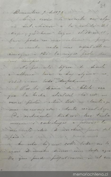 Montevideo, 7 de diciembre de 1878 : carta de Arturo Prat a Carmela Carvajal