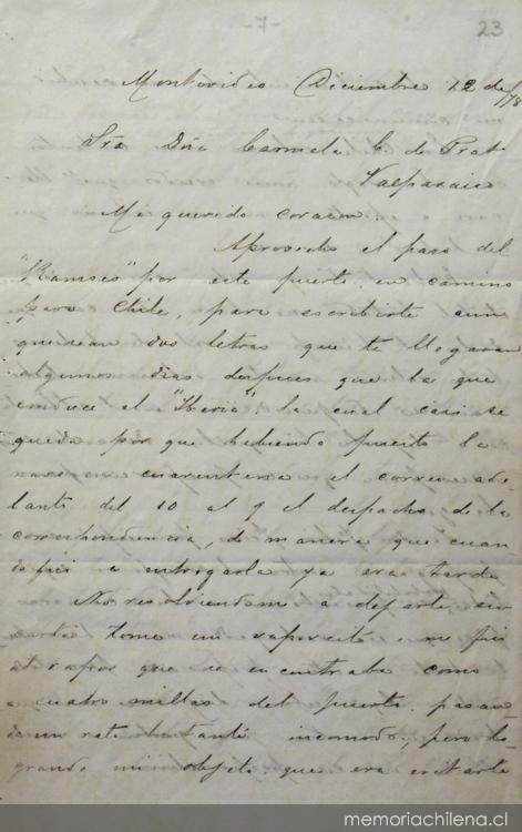 Montevideo, 12 de diciembre de 1878 : carta de Arturo Prat a Carmela Carvajal