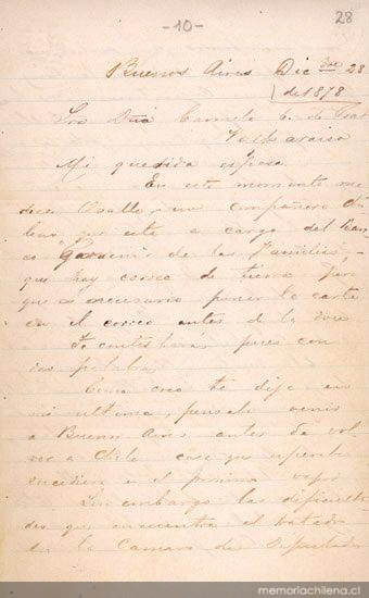 Buenos Aires, 28 de diciembre de 1878 : carta de Arturo Prat a Carmela Carvajal