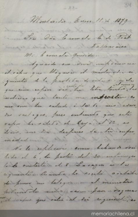 Montevideo, 11 de enero de 1879 : carta de Arturo Prat a Carmela Carvajal