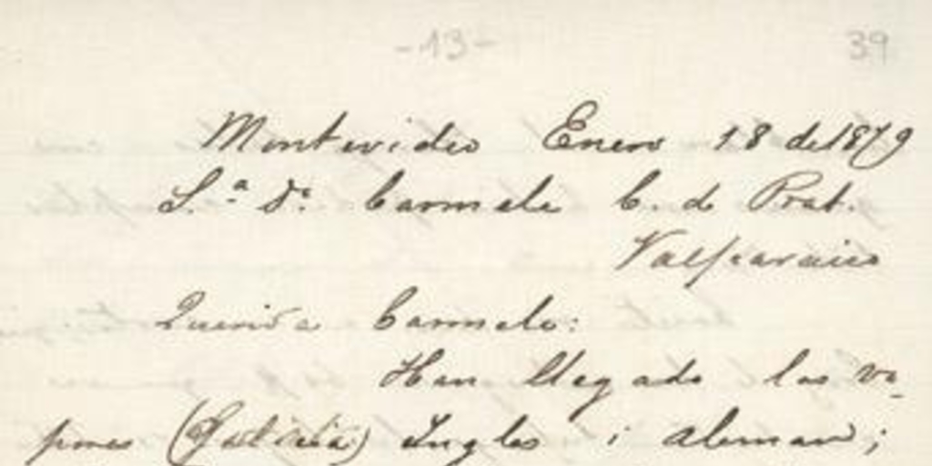 Montevideo, 18 de enero de 1879 : carta de Arturo Prat a Carmela Carvajal