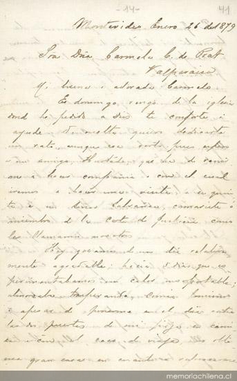 Montevideo, 26 de enero de 1879 : carta de Arturo Prat a Carmela Carvajal