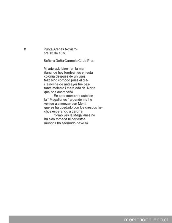 Punta Arenas, 13 de noviembre de 1878 : carta de Arturo Prat a Carmela Carvajal