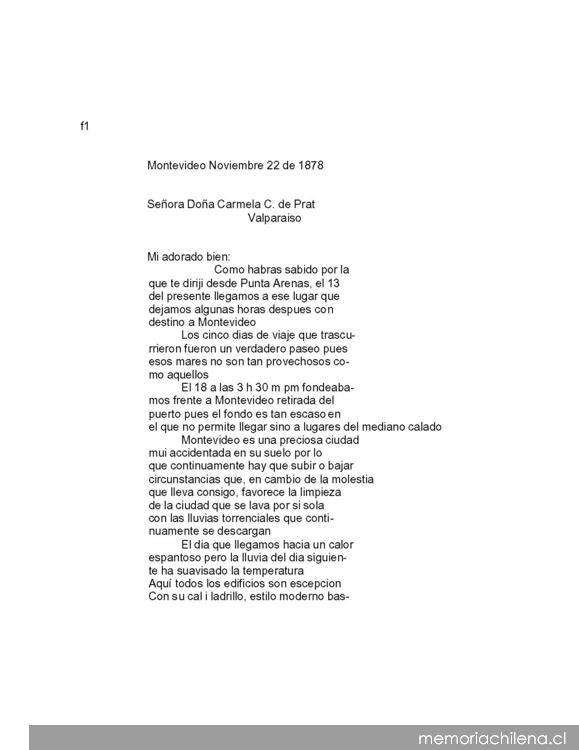 Montevideo, 22 de noviembre de 1878 : carta de Arturo Prat a Carmela Carvajal