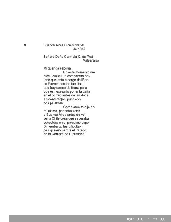 Buenos Aires, 28 de diciembre de 1878 : carta de Arturo Prat a Carmela Carvajal