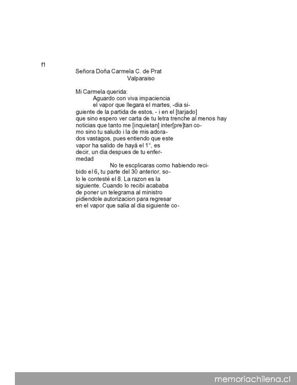 Montevideo, 11 de enero de 1879 : carta de Arturo Prat a Carmela Carvajal