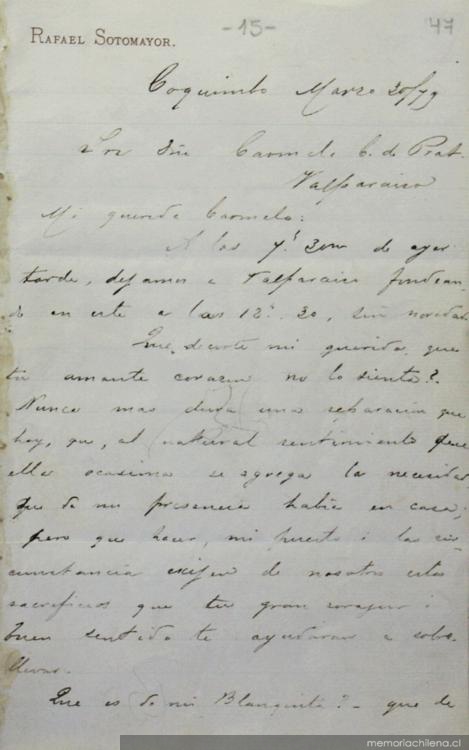 Coquimbo, 20 de marzo de 1879 : carta de Arturo Prat a Carmela Carvajal