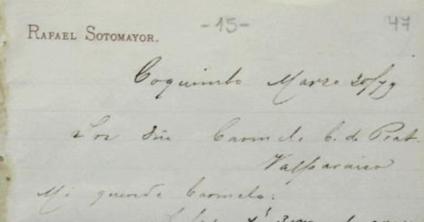 Coquimbo, 20 de marzo de 1879 : carta de Arturo Prat a Carmela Carvajal