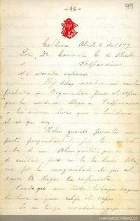 Caldera, 2 de abril de 1879 : carta de Arturo Prat a Carmela Carvajal