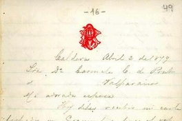 Caldera, 2 de abril de 1879 : carta de Arturo Prat a Carmela Carvajal