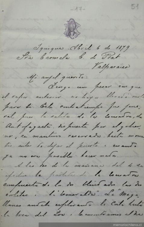 Iquique, 6 de abril de 1879 : carta de Arturo Prat a Carmela Carvajal