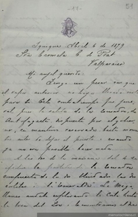 Iquique, 6 de abril de 1879 : carta de Arturo Prat a Carmela Carvajal