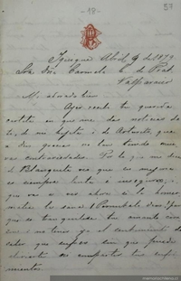 Iquique, 9 de abril de 1879 : carta de Arturo Prat a Carmela Carvajal