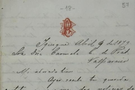Iquique, 9 de abril de 1879 : carta de Arturo Prat a Carmela Carvajal