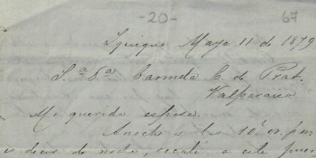 Iquique, 11 de mayo 1879 : carta de Arturo Prat a Carmela Carvajal