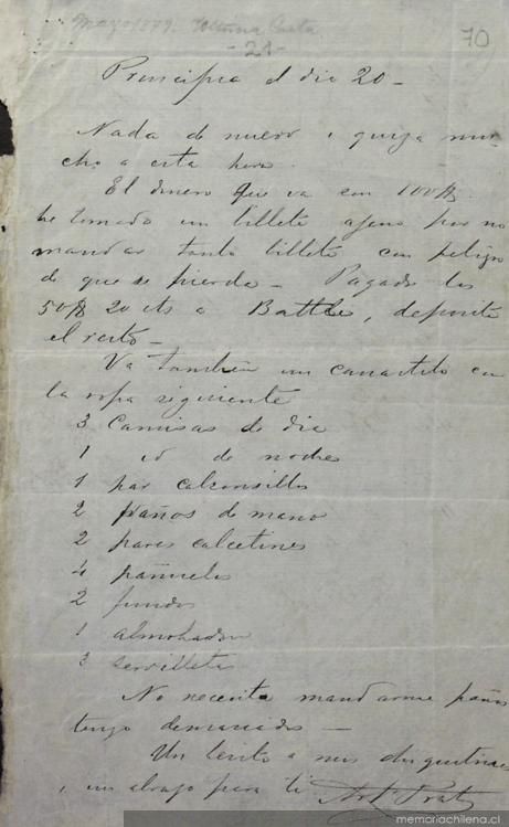 Carta de Arturo Prat a Carmela Carvajal