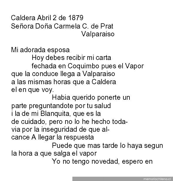 Caldera, 2 de abril de 1879 : carta de Arturo Prat a Carmela Carvajal