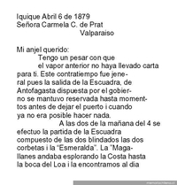 Iquique, 6 de abril de 1879 : carta de Arturo Prat a Carmela Carvajal