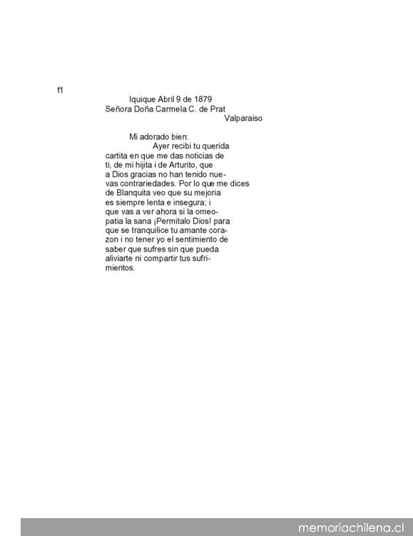 Iquique, 9 de abril de 1879 : carta de Arturo Prat a Carmela Carvajal