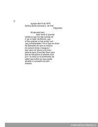 Iquique, 9 de abril de 1879 : carta de Arturo Prat a Carmela Carvajal