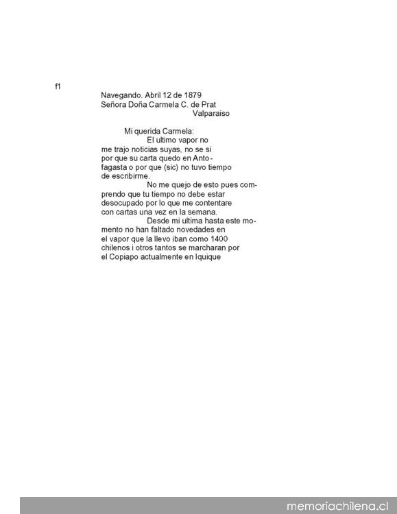 Navegando, 12 de abril de 1879 : carta de Arturo Prat a Carmela Carvajal