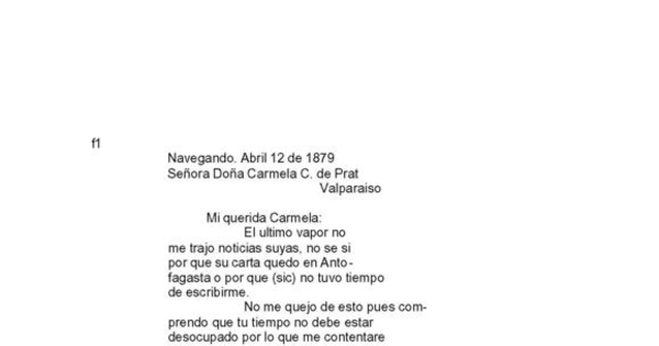 Navegando, 12 de abril de 1879 : carta de Arturo Prat a Carmela Carvajal