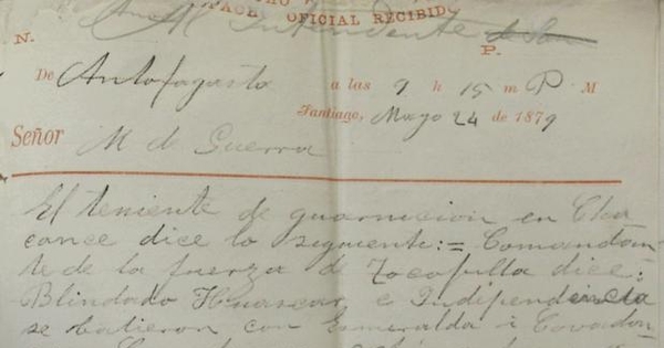 Telegrama enviado al Ministro de Guerra de Justo Arteaga (Comandante en Jefe del Ejército), anunciando los resultados del Combate Naval de Iquique. Antofagasta, 24 de Mayo de 1879