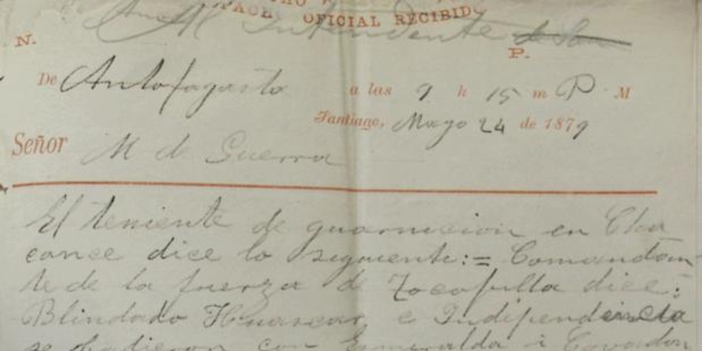 Telegrama enviado al Ministro de Guerra de Justo Arteaga (Comandante en Jefe del Ejército), anunciando los resultados del Combate Naval de Iquique. Antofagasta, 24 de Mayo de 1879