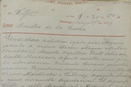 Telegrama enviado al Ministro de Guerra por el General en Jefe de Antofagasta, anunciando los resultados del Combate Naval de Iquique : Valparaíso, 25 de Mayo de 1879