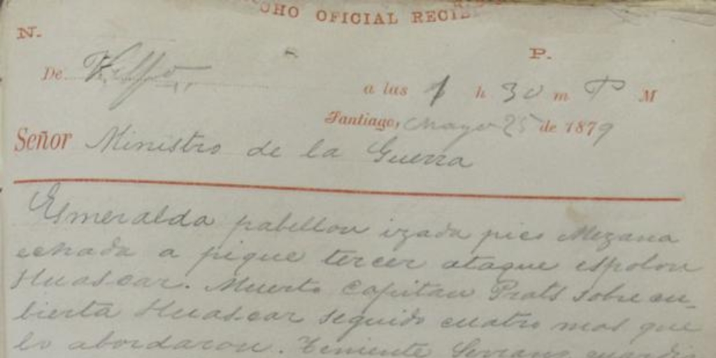 Telegrama enviado al Ministro de Guerra por el General en Jefe de Antofagasta, anunciando los resultados del Combate Naval de Iquique : Valparaíso, 25 de Mayo de 1879