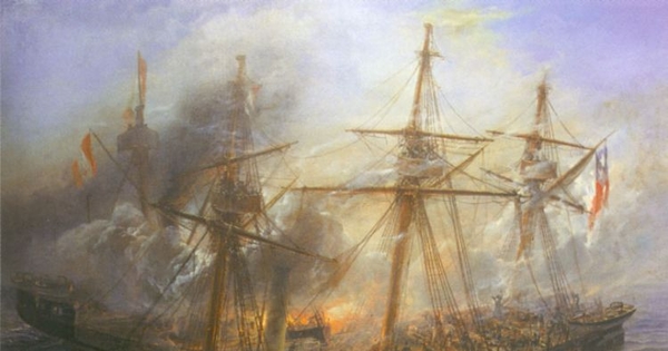 Combate Naval de Iquique en 1879, cuadro de Thomas Somerscales