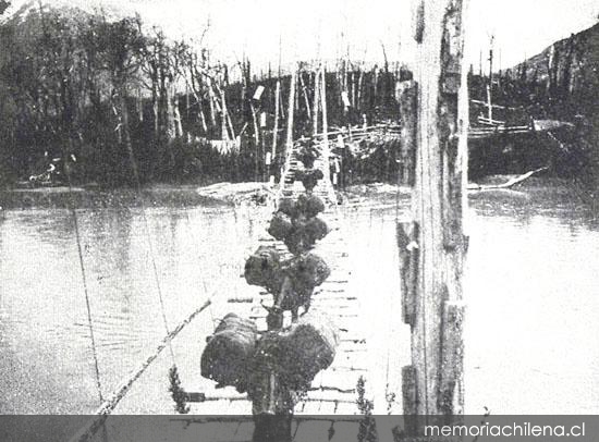 Acarreo de lana en puente sobre el río Ñadis, Aysén, hacia 1920