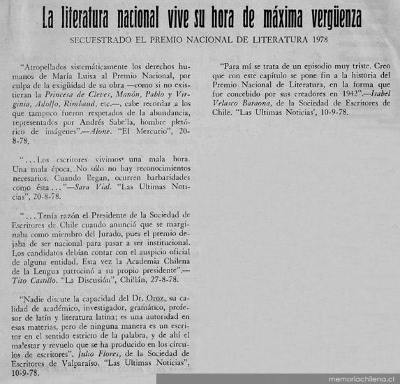 La literatura nacional vive su hora de máxima vergüenza. Secuestrado el Premio Nacional de Literatura 1978