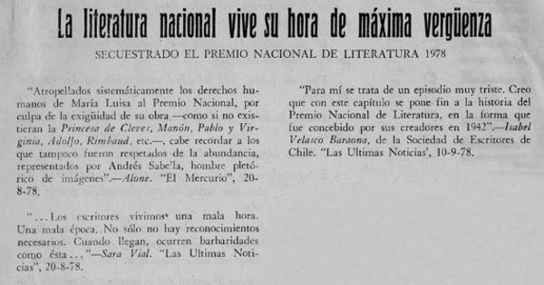 La literatura nacional vive su hora de máxima vergüenza. Secuestrado el Premio Nacional de Literatura 1978