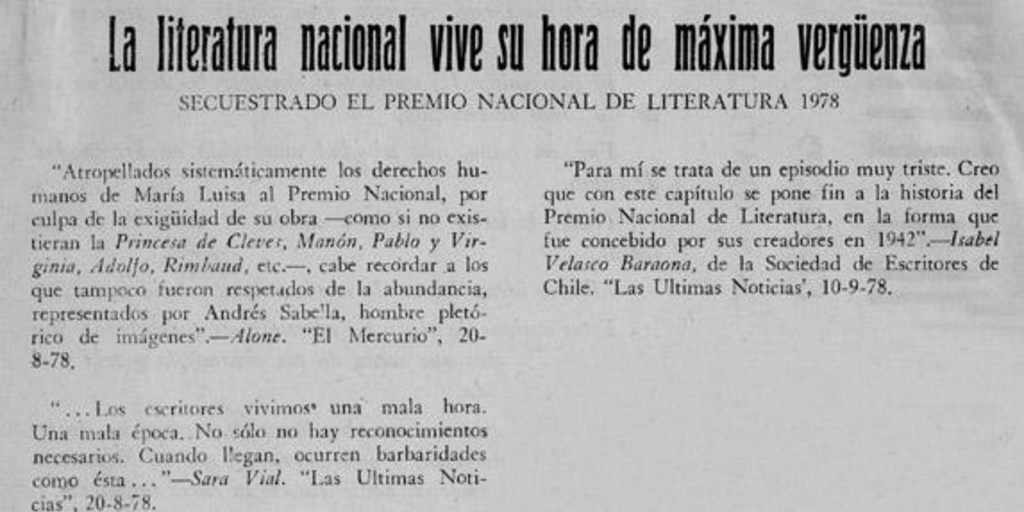 La literatura nacional vive su hora de máxima vergüenza. Secuestrado el Premio Nacional de Literatura 1978