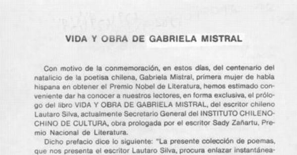 Vida y obra de Gabriela Mistral