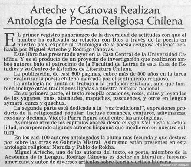 Arteche y Cánovas realizan antología de poesía religiosa chilena