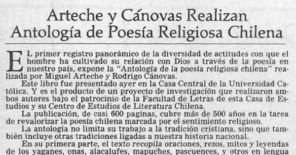 Arteche y Cánovas realizan antología de poesía religiosa chilena