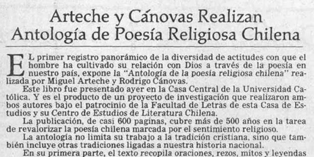 Arteche y Cánovas realizan antología de poesía religiosa chilena