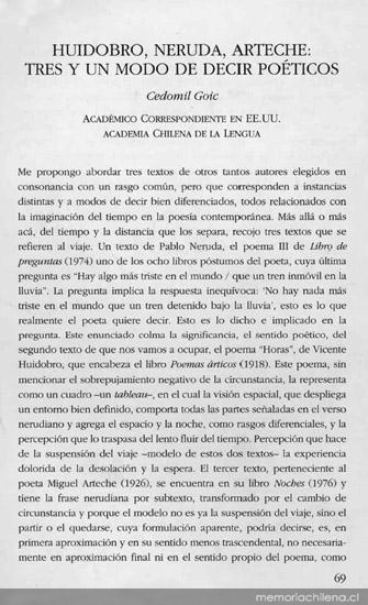 Huidobro, Neruda, Arteche, tres y un modo de decir poéticos