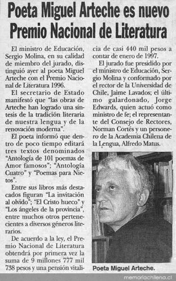 Poeta Miguel Arteche es nuevo Premio Nacional de Literatura