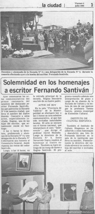 Solemnidad en los homenajes a escritor Fernando Santiván