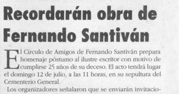 Recordarán obra de Fernando Santiván