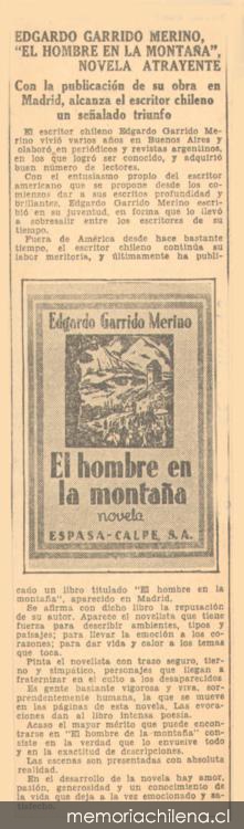 Edgardo Garrido Merino : El hombre en la montaña, novela atrayente