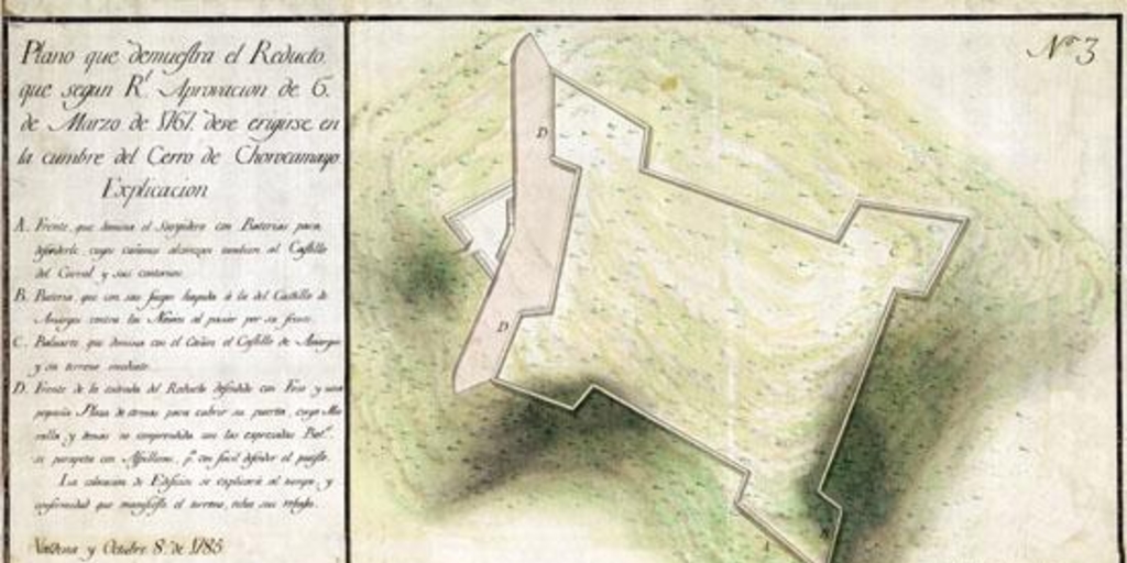 Plano que demuestra el reducto que segun R' aprovacion de 6 de marzo de 1767 debe erigirse en la cumbre del cerro Chorocamayo